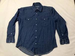 Wrangler Shirt Mens Large Blue Denim Western Pearl Snap Long Sleeve Cowboy - Picture 1 of 9