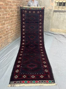 2'10 x 8'10 Vintage Afghan Baluchi Runner Rug Handmade Wool Tribal Area Carpet - Picture 1 of 11