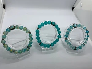 Lot of 3 Blue Teal Glass 9.5-10mm Bead Bracelet Jewelry Holiday 7in-7.5inch - Picture 1 of 5