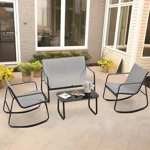 Gray Rocking Glass Table And Chairs Set of 4 Outdoor Patio Furniture Clearance - Picture 1 of 6