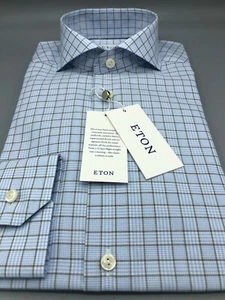 ETON, BLAU KARIERTES HEMD, UK:15, EU:38, UVP:155£! Neu mit Etikett, Slim Fit - Bild 1 von 12
