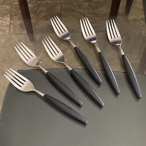 Vintage SET 6X LUCKY WOOD Japan BLACK Handle FLATWARE ~ Dinner FORKS  - Picture 1 of 14