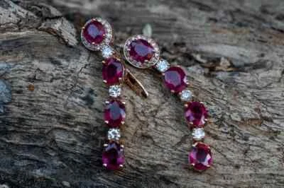 14k Rose Gold Dangle Earrings Anniversary gift for women Natural Ruby & Diamond - Image 1 of 4