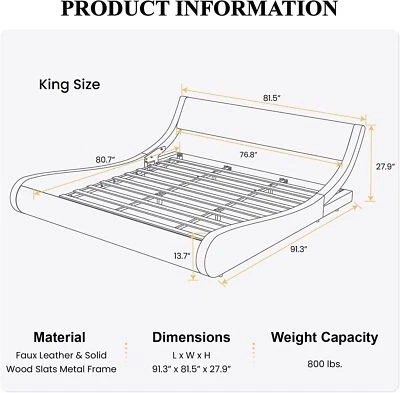 Leather Low Profile Sleigh Platform Bed Frame with Headboard, Black & White - Image 1 of 4