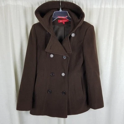 Anne Klein Hooded Double Breasted Wool Short Peacoat Womens PS Military Brown - Image 1 of 4