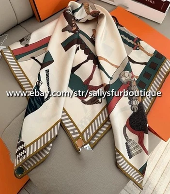 Sallys Heavy 18 Momme Twill Silk Wrap Scarf Horses Print Double Face Shawl 35" - Image 1 of 4
