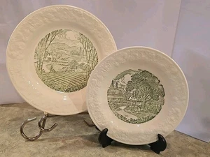 2 Vintage Homer Laughlin Pastoral Plate Green Farm Scene LG Plate Apple Pick Sm - Picture 1 of 7