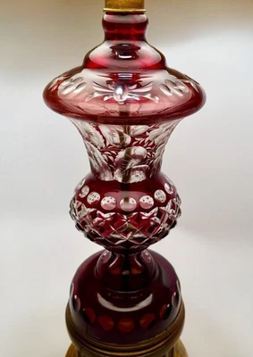 VTG Bohemian Ruby Red Czech Cut-to-Clear Glass Table Lamp Brass & Wood w/ Shade - Image 1 of 4