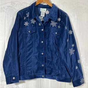 Quacker Factory Jacket XL Navy Blue Velvet Embroidered Beaded Snowflakes Snowman - Picture 1 of 14