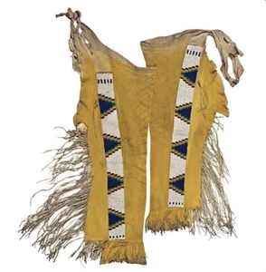 Leggings de cuero de gamuza sioux con cuentas de indios americanos L708 - Imagen 1 de 3