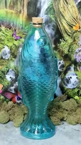 Teal /Blue Glass Fish Bottles with Cork Height = 10.75 inch - Picture 1 of 4