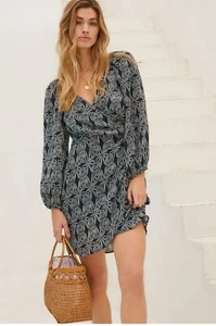 Anthropologie Printed Wrap Long Sleeve Dress Black Motif Size XS Cover up - Picture 1 of 10