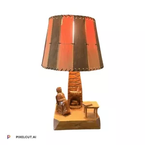 Vtg Old Woman & Fireplace Paul Caron Saint Jean de Port-Joly Wood Carving Lamp - Picture 1 of 2