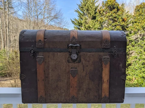 Antique Steampunk Dome Top Pressed Tin Steamer Trunk -- Needs Repairs As Is Cover