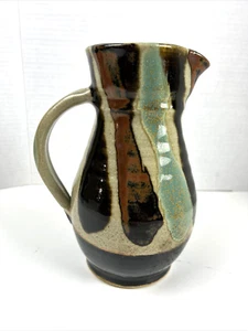 Pitcher Drip Glaze High Gloss Handmade Stoneware Pottery Green,Tan,Brown 8.5"H - Picture 1 of 8