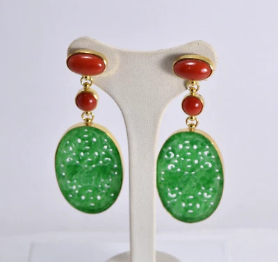 ORECCHINI ARGENTO 925 OVALI CORALLO ROSSO DOPPI  E GIADA VERDE         AGHT 0840 - Immagine 1 di 3