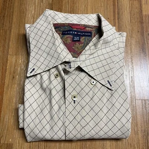 Camicia elegante Tommy Hilfiger manica lunga con bottoni uomo XL cotone geometrico marrone - Foto 1 di 8