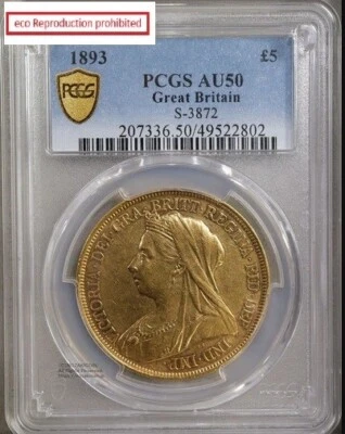 UK Queen Victoria Old Head 5 Pound Gold Coin 1893 PCGS AU50 - Image 1 of 4