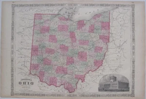 Original Hand Color 1865 Johnson & Ward OHIO County Map Canals Railroads Capitol - Picture 1 of 17