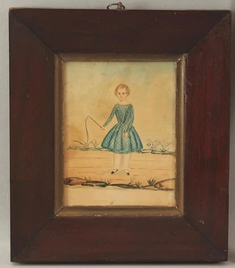 19thC Antique 1830s American Folk Art Watercolor Painting, Young Girl & Whip - Picture 1 of 6
