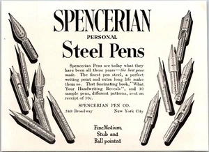 PRINT AD 1920 Spencerian Personal Steel Pens Variety of Nibs SMALL 4 x 6 - Imagen 1 de 3