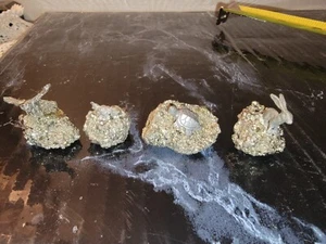 4 Pyrite crystal pieces with Pewter Owl, Turtle, Rabbit and quail on them  - Picture 1 of 15