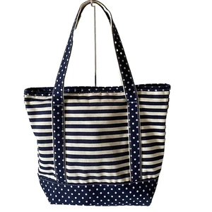Summer Canvas Tote Bag Navy White Stripe Polka Dot Beach Nautical Seafarer - Picture 1 of 9