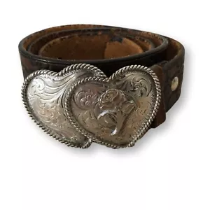 Montana Silversmiths Double Heart Silver Rose Flower Western Belt Buckle Vintage - Picture 1 of 6
