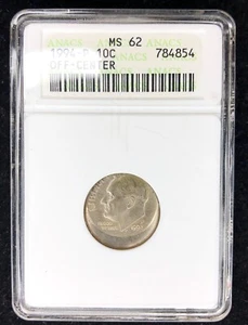 1994-P 10c MAJOR OFF-CENTER MS62 STRIKE ANACS SOAPBOX VTG HOLDER - Picture 1 of 5