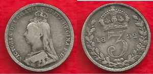 ROYAUME UNI . 3 PENCE 1892 . ARGENT VICTORIA - Picture 1 of 1