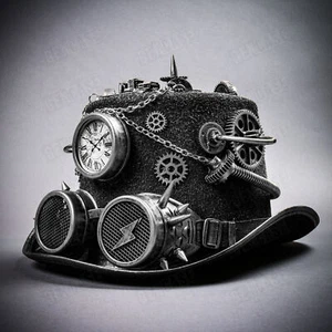 Silver Steampunk Halloween Costume Time Traveler Lightning Goggles Top Hat - Picture 1 of 8