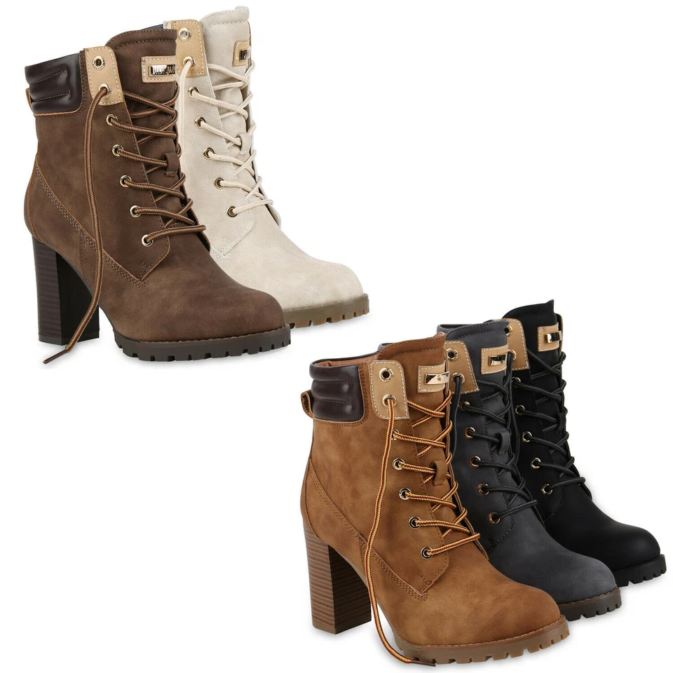 MARKENLOS Warm Gefütterte Damen Worker Boots Holzoptikabsatz Stiefeletten 812279 Schuhe