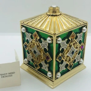 RARE STUNNING Wendy Reed Designs Enameled Trinket Box Green with Gold 1997 3.5" - Picture 1 of 12