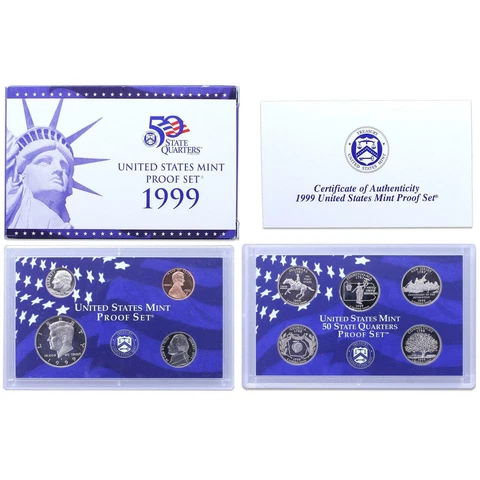 1999 S Proof Set Original Box & COA 9 Coins CN-Clad Cover
