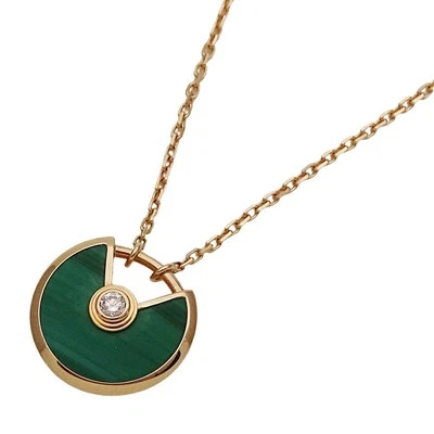 Cartier Malachite 1P Diamond Amulet Pendant 18K Pink Gold Women Jewelry Necklace - Image 1 of 4
