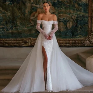 Off shoulder Luxury beaded wedding dress Detachable trail,Vintage Bridal Gown - Picture 1 of 8