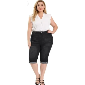 Pantaloncini Capri Agnes Orinda neri denim con polsini più 3 orli arrotolati elasticizzati nuovi senza etichette - Foto 1 di 11