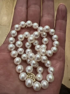 Stunning Vintage High Luster Pearl Necklace 18" Long 35g Heavy 14k clasp 7-7.5mm - Picture 1 of 18