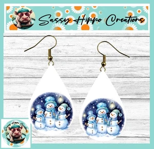 Pendientes Lágrima Oro Gancho Espalda Muñeco de Nieve Trío Azul Feliz Navidad Fiestas - Imagen 1 de 4