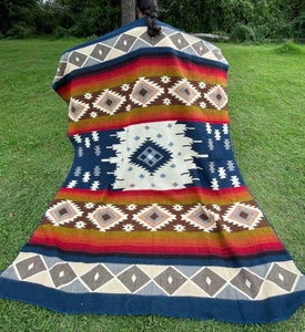 Handarbeit Alpaka Wolle Decke rot blau Navajo King Wende Southwestern - Bild 1 von 4