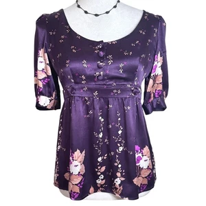 Anthropologie Yumi Kim Silk Floral Satin Peplum Blouse S Retro Boho Romantic - Picture 1 of 10