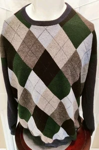 NORTHERN ISLES Men's 100% 2 Ply Cashmere Argyle Pullover Sweater XXL Blue Green - Picture 1 of 8