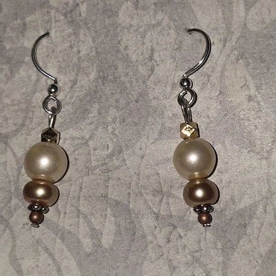 Artisan Silver Tone French Hook Earrings Bronze & Cream Pearl Bead Drop Dangle - Image 1 of 4