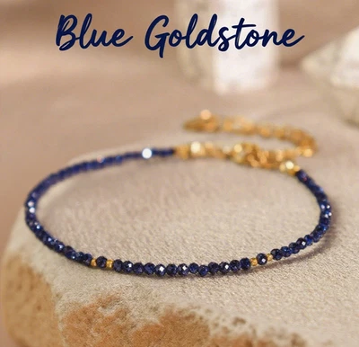 Pedra dourada azul 2 mm contas Reiki proteção de cura pulseira de pedra preciosa cristal presente - Imagem 1 de 4