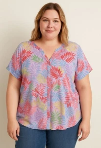 St. John's Bay Damen Top Pull Down Blätterprint Kurzarm Leinenmischung Gr. L - Bild 1 von 12