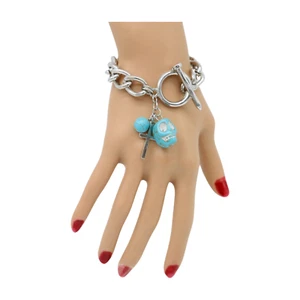 Damen Silber Metall Kette Armband Türkis Blau Totenkopf Kreuz Nagel Charm Schmuck - Bild 1 von 16
