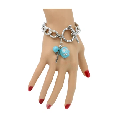 Pulsera de cadena de metal plateado para mujer azul turquesa calavera cruz uñas encanto joyería Foto 1 de 4