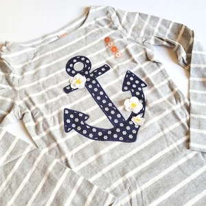 Gymboree Girls sz 10 "Flower Shower" Anchor Gray Striped Shirt Top NWT Nautical  - Picture 1 of 2
