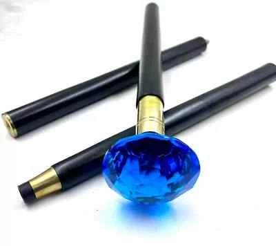 HANDMADE Victorian Style Walking Stick Cobalt Acrylic Crystal Blue Cut Glass Handle Cane