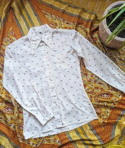 VINTAGE RETRO 70s 1970s CREAM PATTERNED DAGGER COLLAR SHIRT, XS S 6 8 10 - Picture 1 of 5